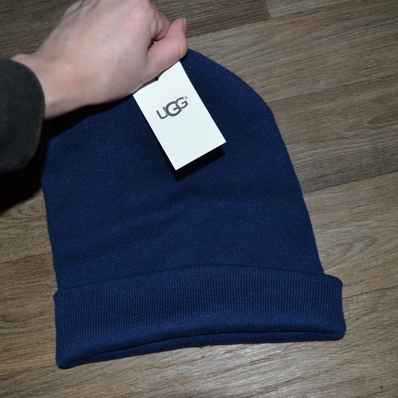 NWT UGG Men's Oversized Cuff Beanie Navy Blue Wool Blend Winter Hat - Picture 2 of 5